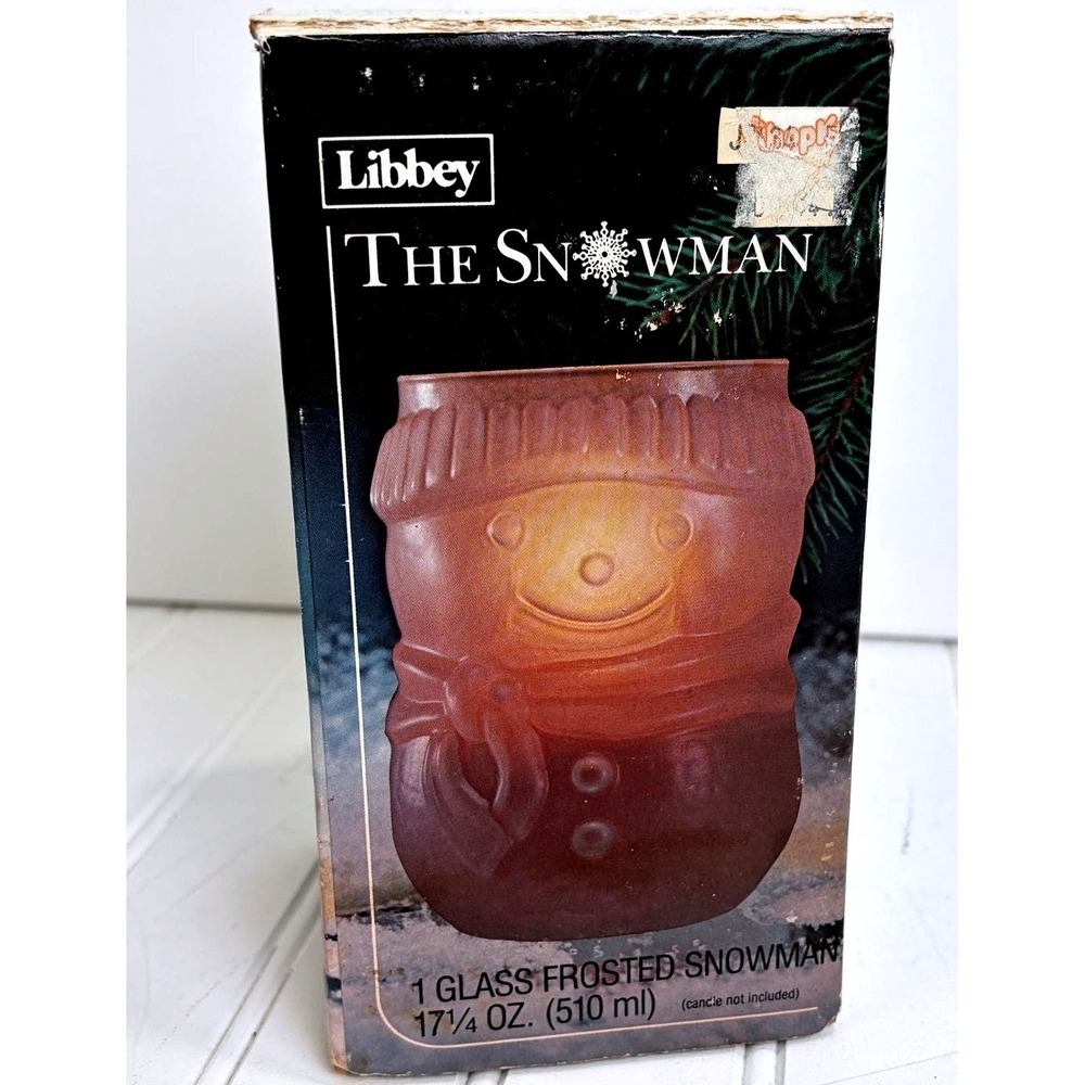 Vintage Libbey Frosted Glass Snowman Candle‎ Holder Holiday Votive Winter Decor